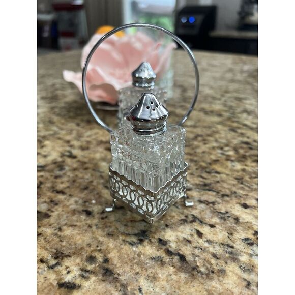 Vintage Salt & Pepper Shakers Mustard Caddy Cruet 4 Pc Silver Glass Elegant - Picture 7 of 15